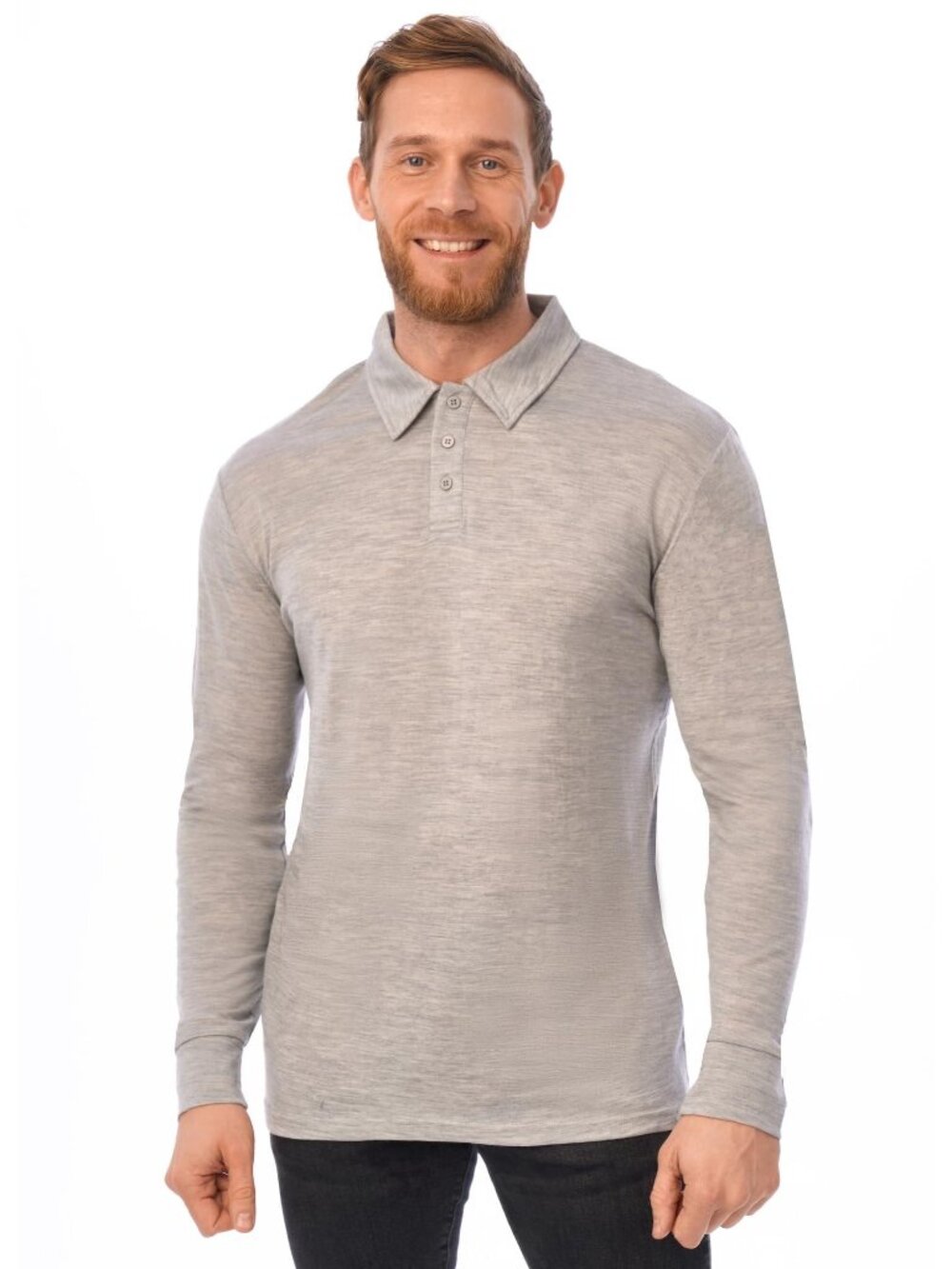 Merino.tech Men’s Merino Wool Long Sleeve Polo Shirt (Heather Grey)